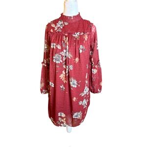 Japna Floral Swiss Dot Tunic‎ Dress Ruffle Mock Neck Long Sleeve S